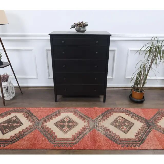 Vintage Turkish Hand-Knotted Red Runner Rug 83x380