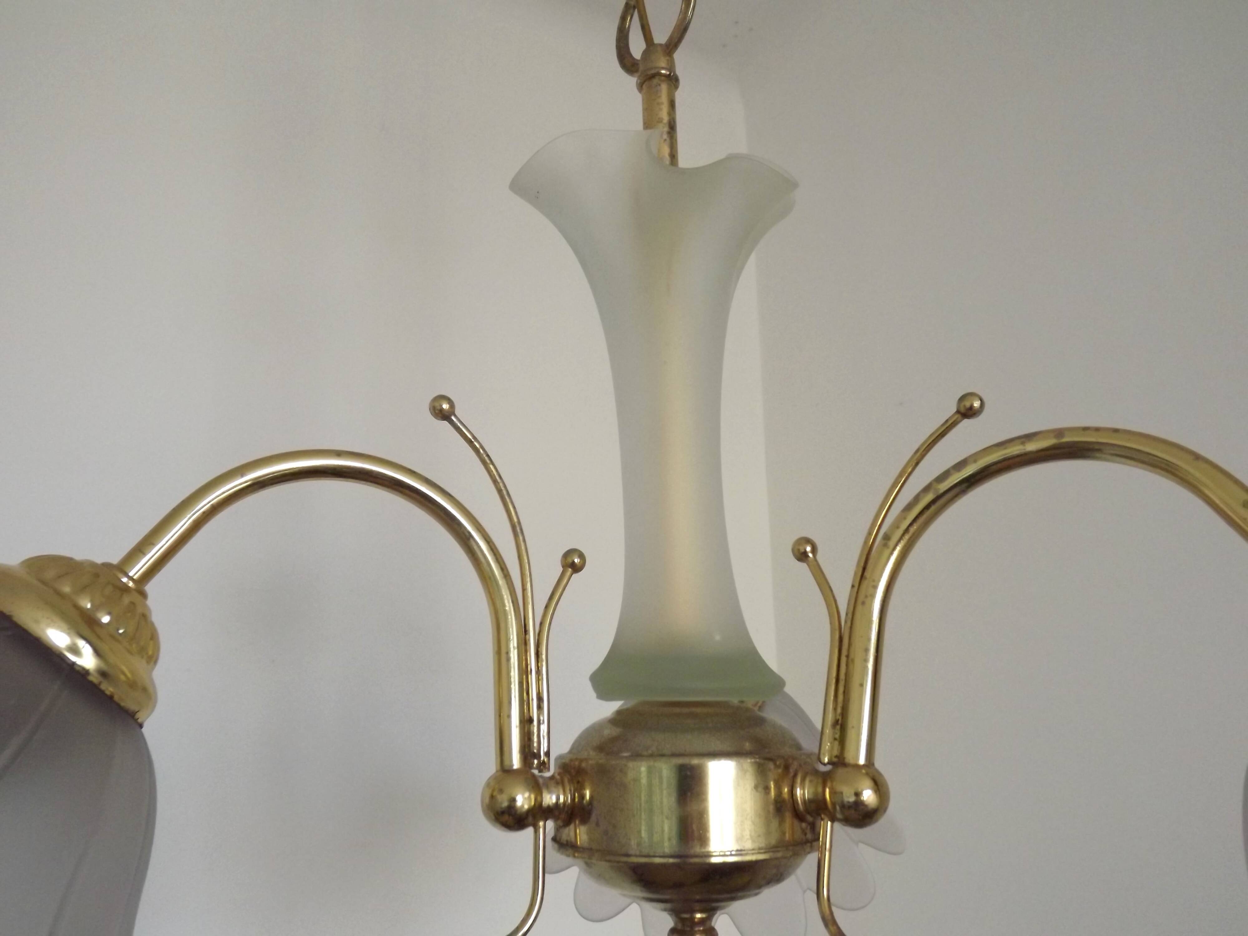 3-Light Vintage French Chandelier Gold Metal Glass Column & Flower Shades