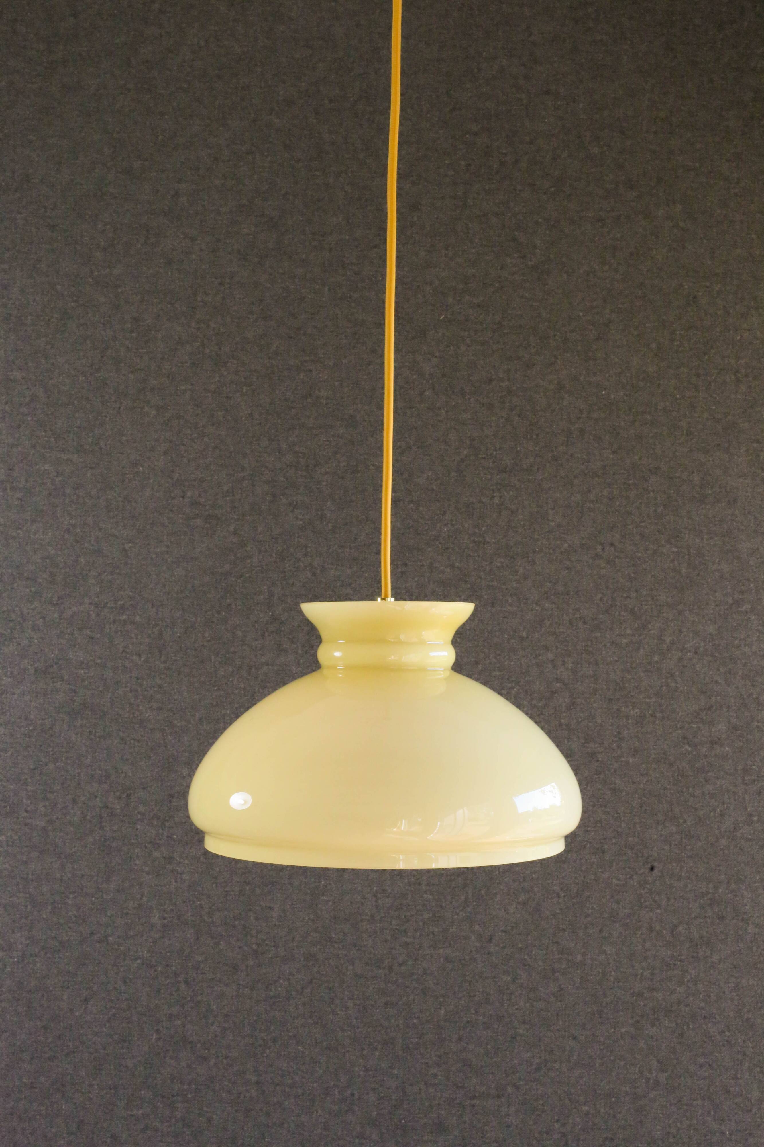 Old pendant light in pale young glass - mounted with cable and new socket