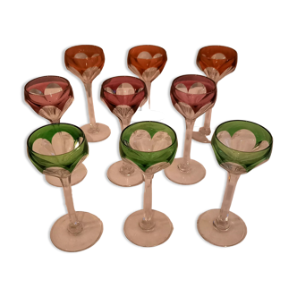 Series of 9 port glasses in cut and colored crystal, Saint-Louis, Bristol model