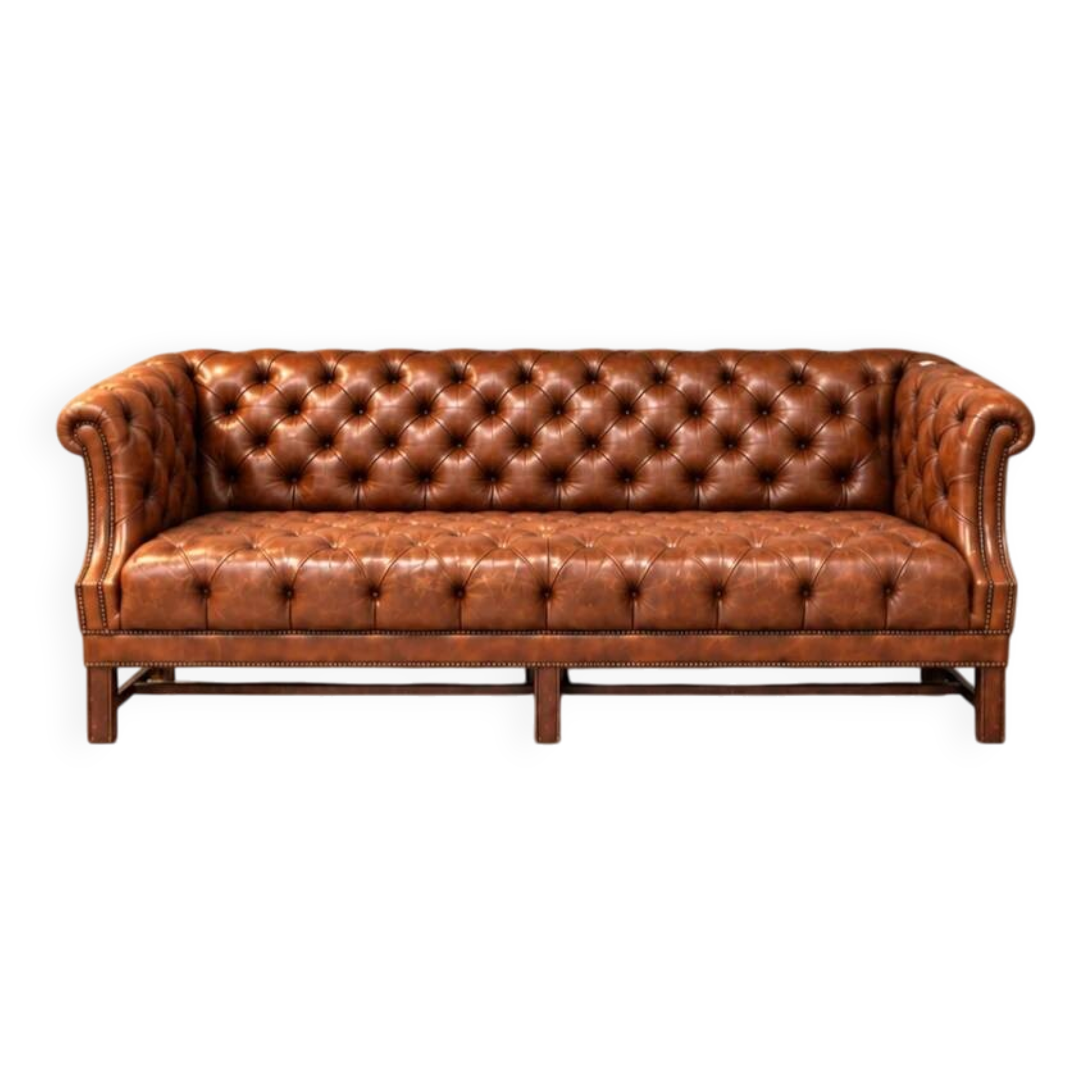 Chesterfield sofa / Brown cognac leather / Deep buttoned / 1980s