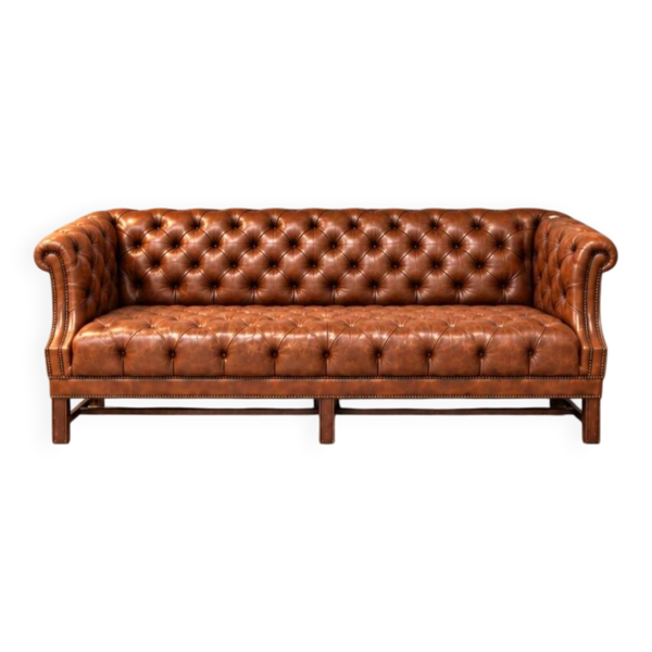 Canapé Chesterfield / Cuir cognac marron / Profondement capitonné / Années 1980