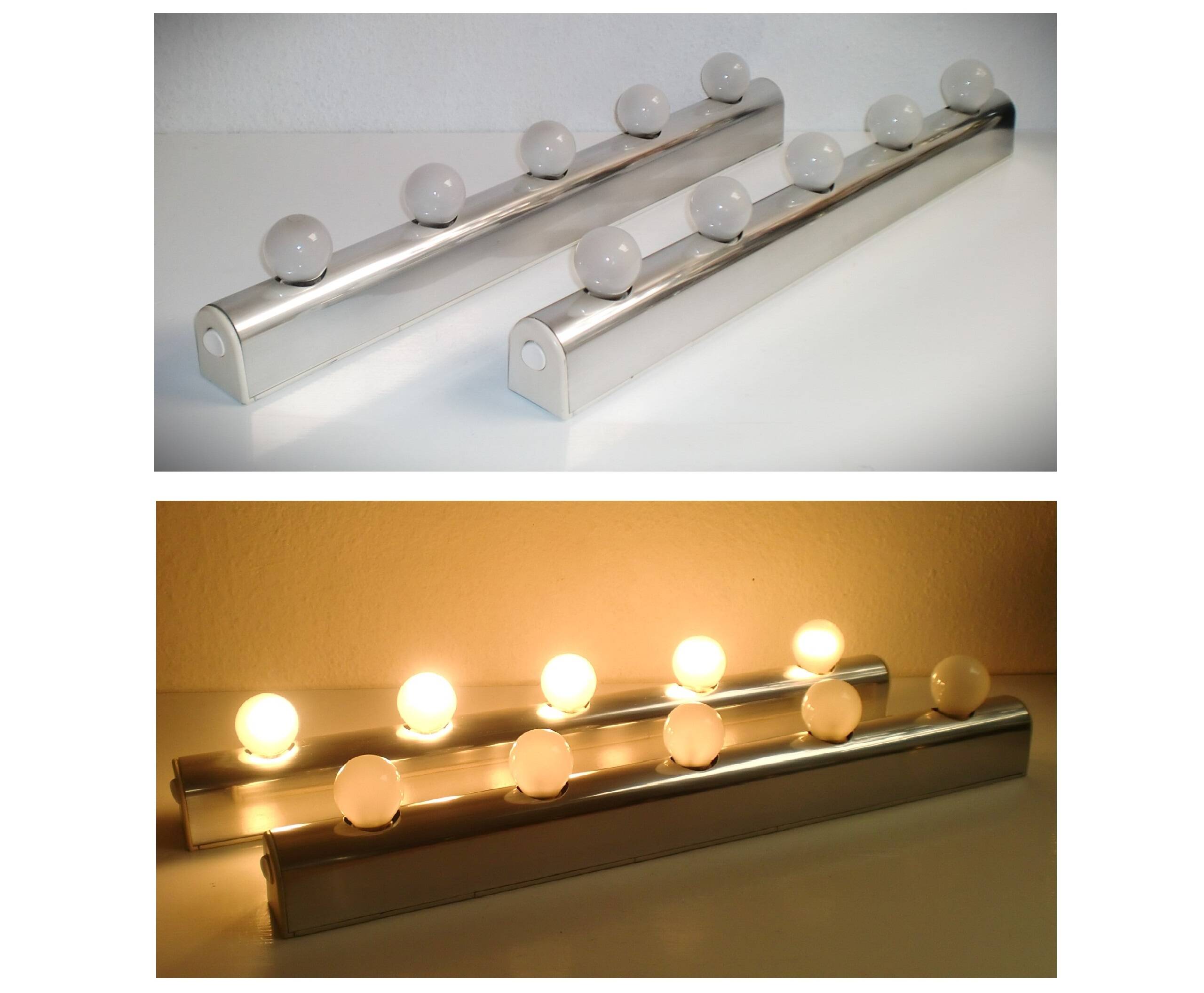 Set of two 70s, 80s Vanity Mirror Wall Lights, Targetti Sankey - Italy, Model "Studio"