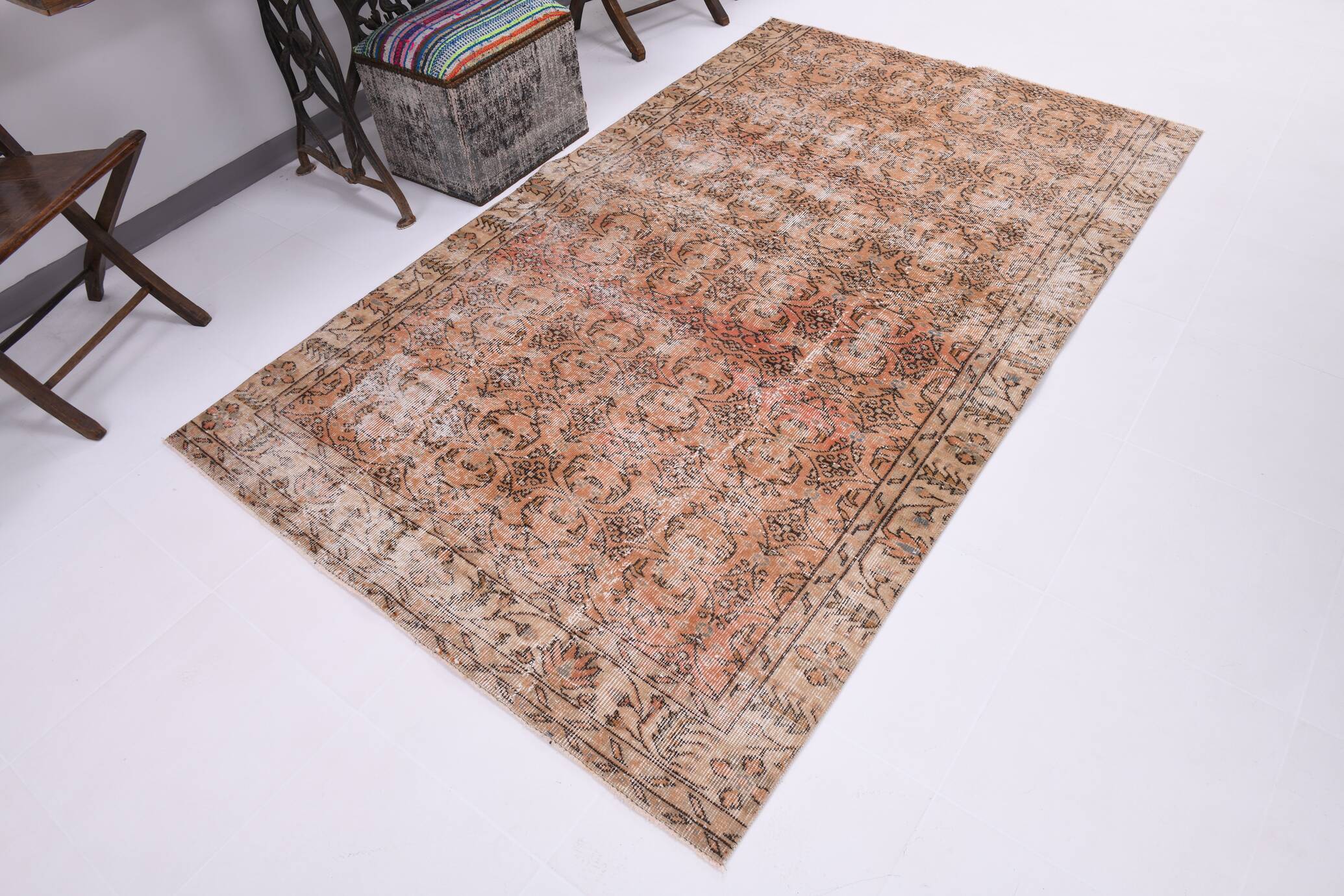 5x8 Peach Orange Handmade Wool Vintage Rug, 144x234Cm