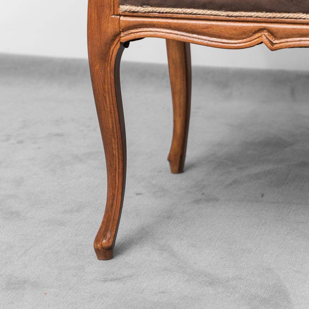 Vintage bench in brown velvet and carved wood, 1950s modernism