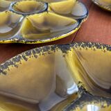 Set of 8 vintage Gien oyster plates in khaki green and black earthenware
