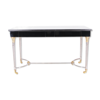 Vintage desk with 2 drawers in silver and gold metal and black lacquered glass