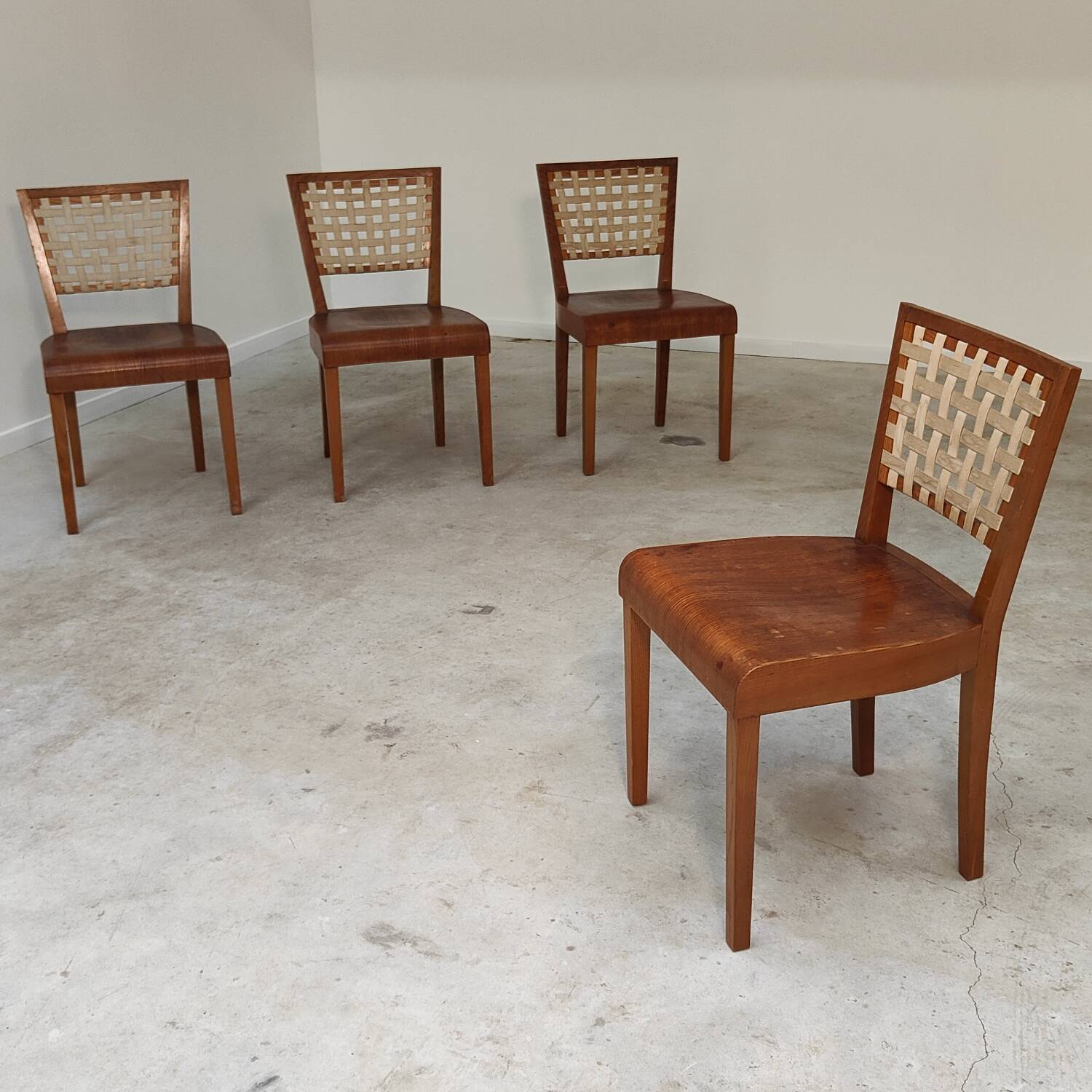 Series of 4 wood and strap chairs by Krasna Jizba Year 40