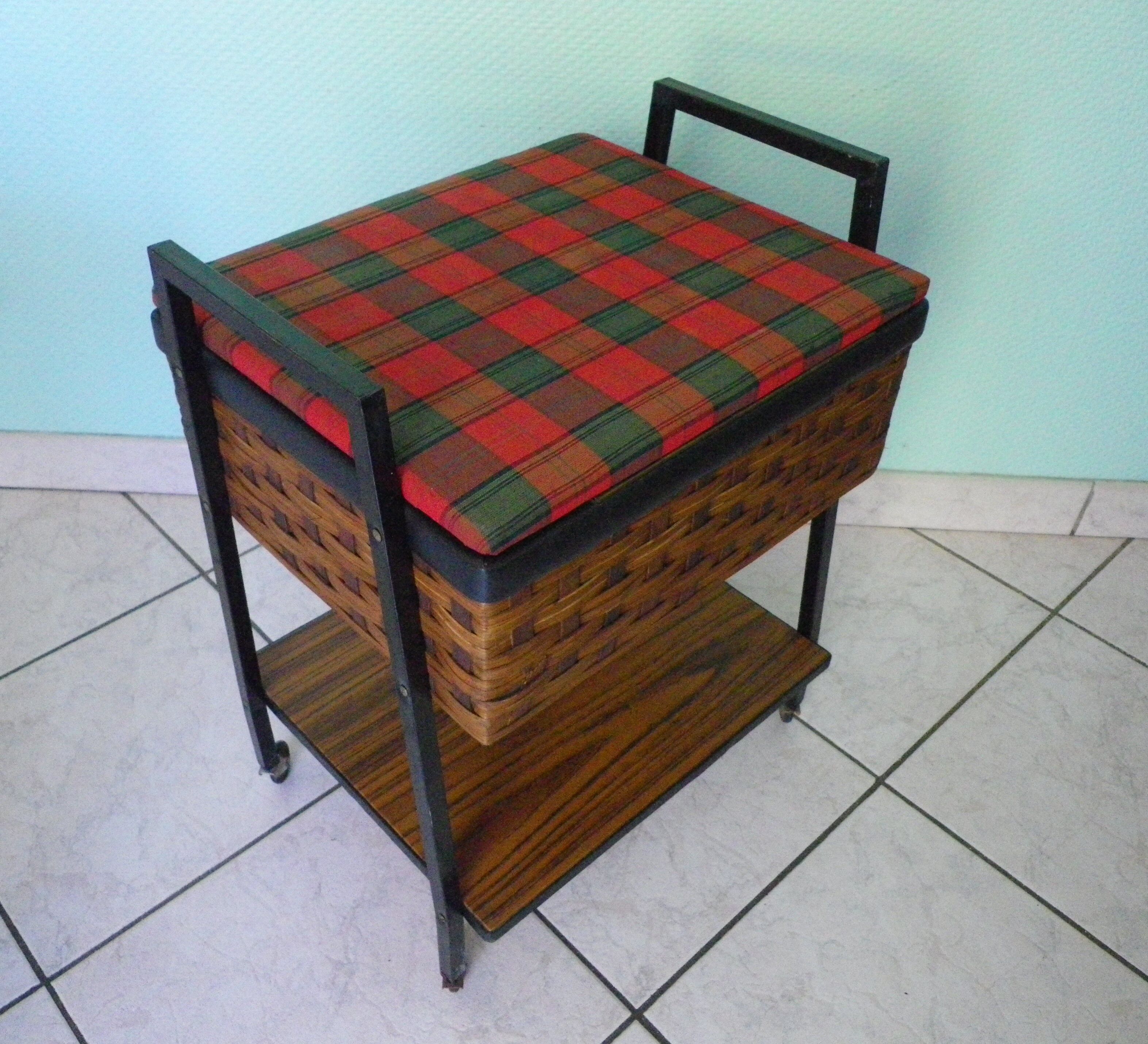 Vintage worker on wheels, rattan, fabric, skaÏ, metal with formica shelf