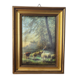 Small Framed Painting of a Pastoral Scene - Sheep & Shepherd