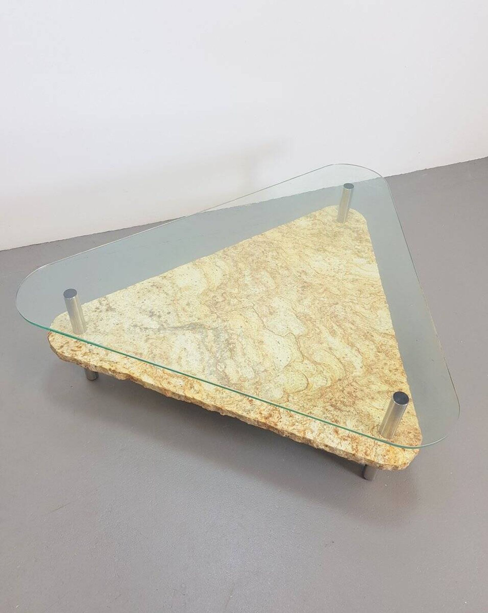 Brutalist Triangle Coffee Table in Marble and Stainless Steel, 1970s