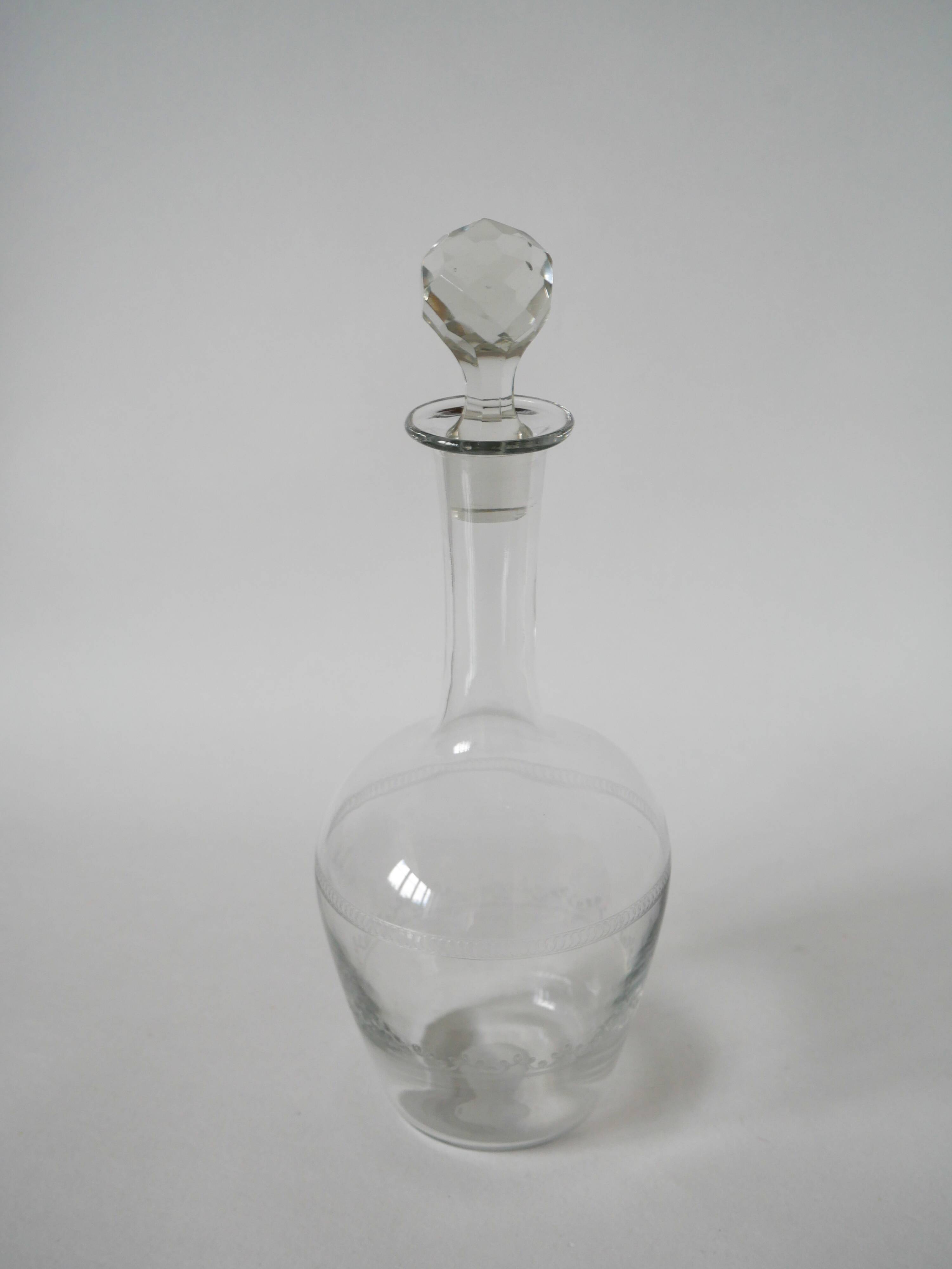 large wine carafe in chiseled glass and faceted stopper 1930
