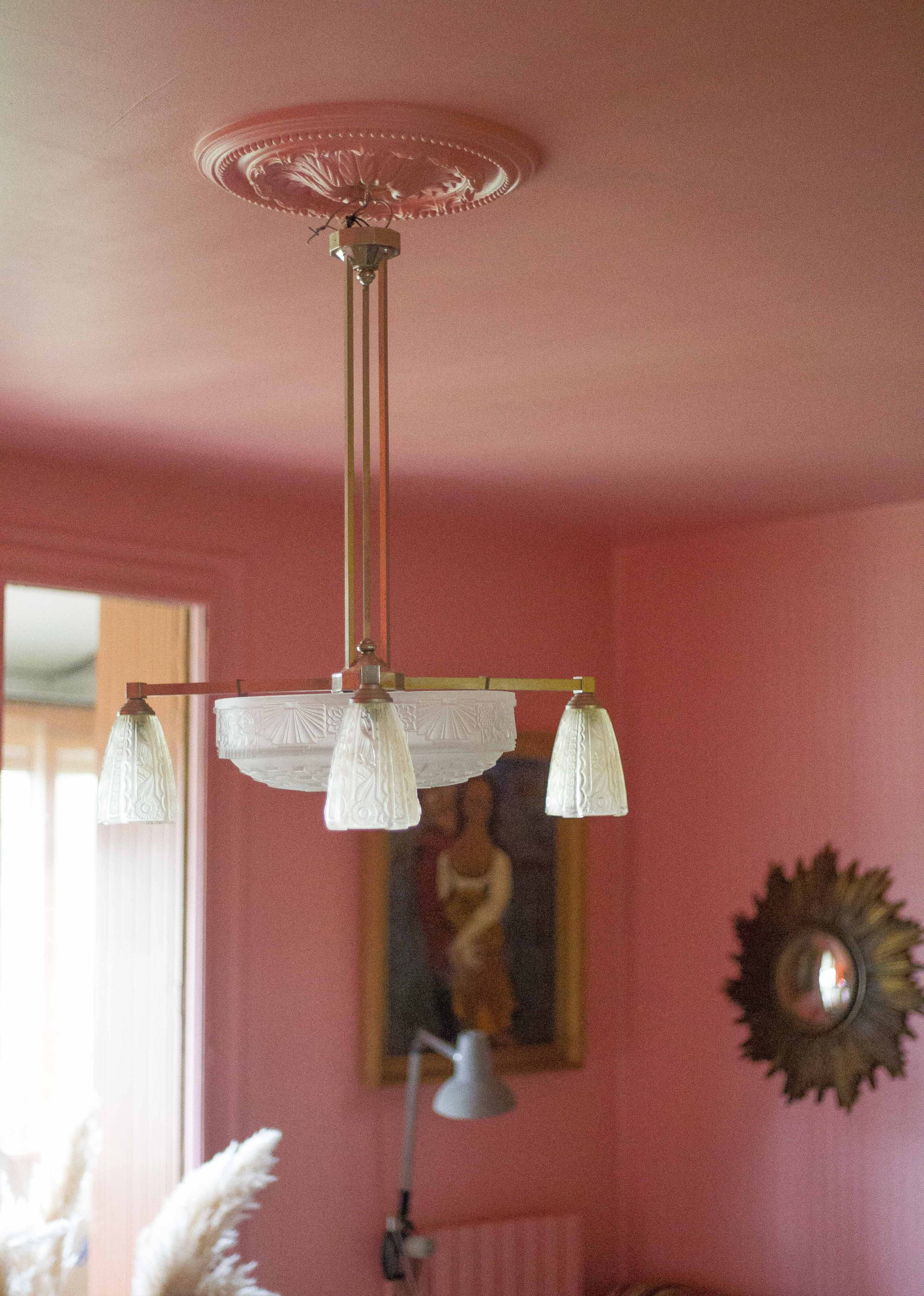 Art deco nickel plated bronze chandelier with art deco tulip glass, ceiling lamp, art deco pendant light, 30