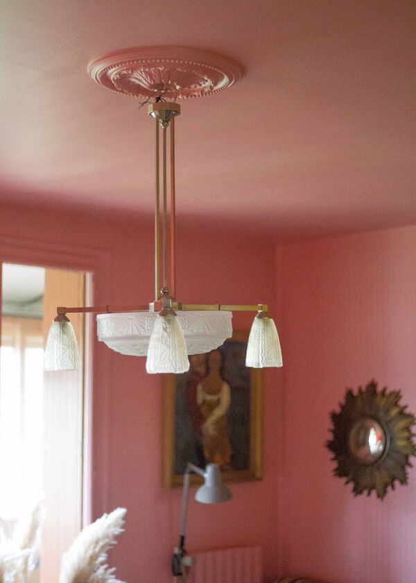 Lustre art déco bronze nickelé avec verre tulipe art déco, lampe de plafond, suspension art déco, 30