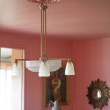 Art deco nickel plated bronze chandelier with art deco tulip glass, ceiling lamp, art deco pendant light, 30