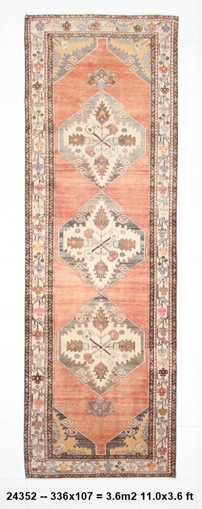 3x11 Red & Beige Oriental Vintage Runner Rug, 107x336Cm