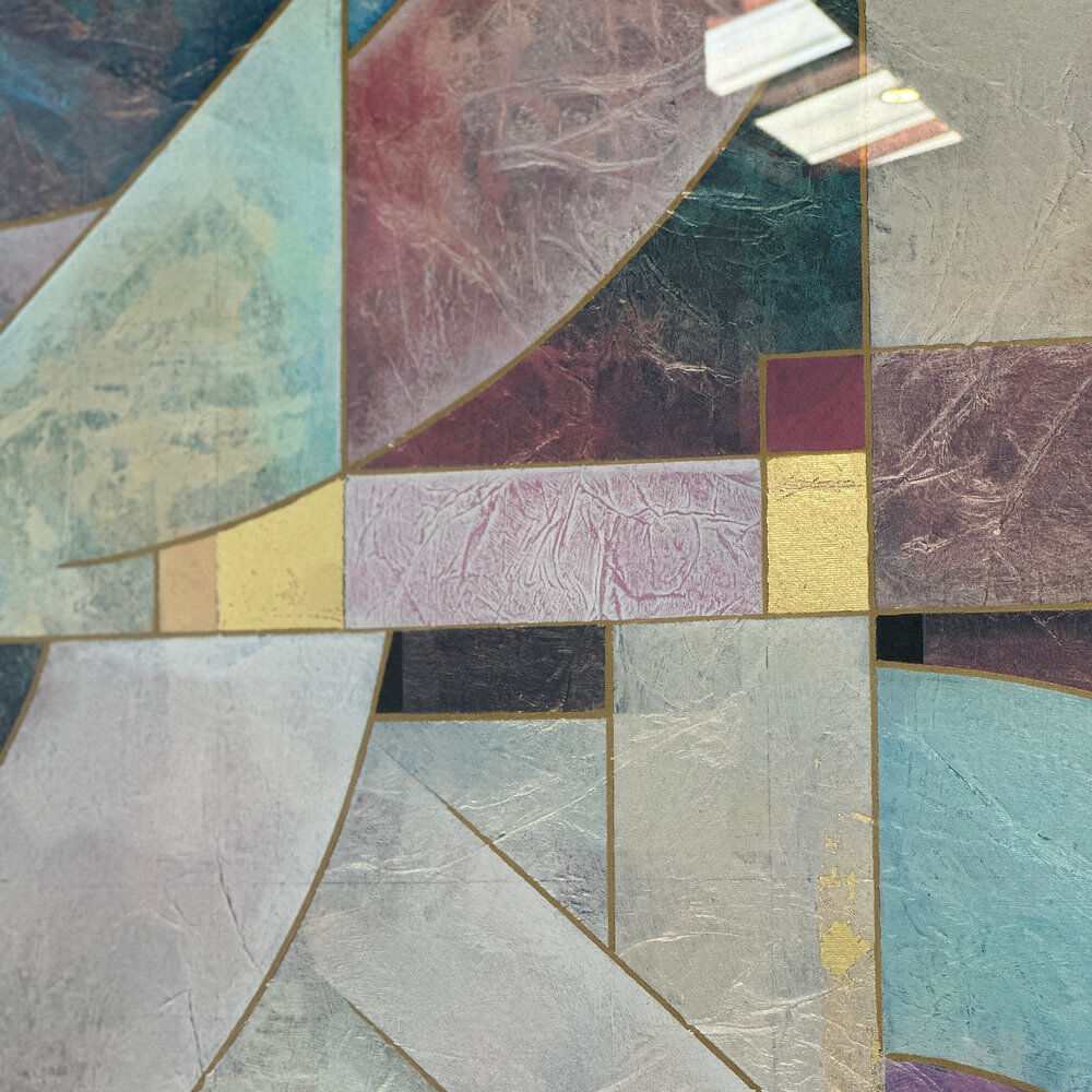 Pair of large Richard Hall geometric abstract mixed media lithographs with gold