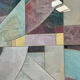 Pair of large Richard Hall geometric abstract mixed media lithographs with gold