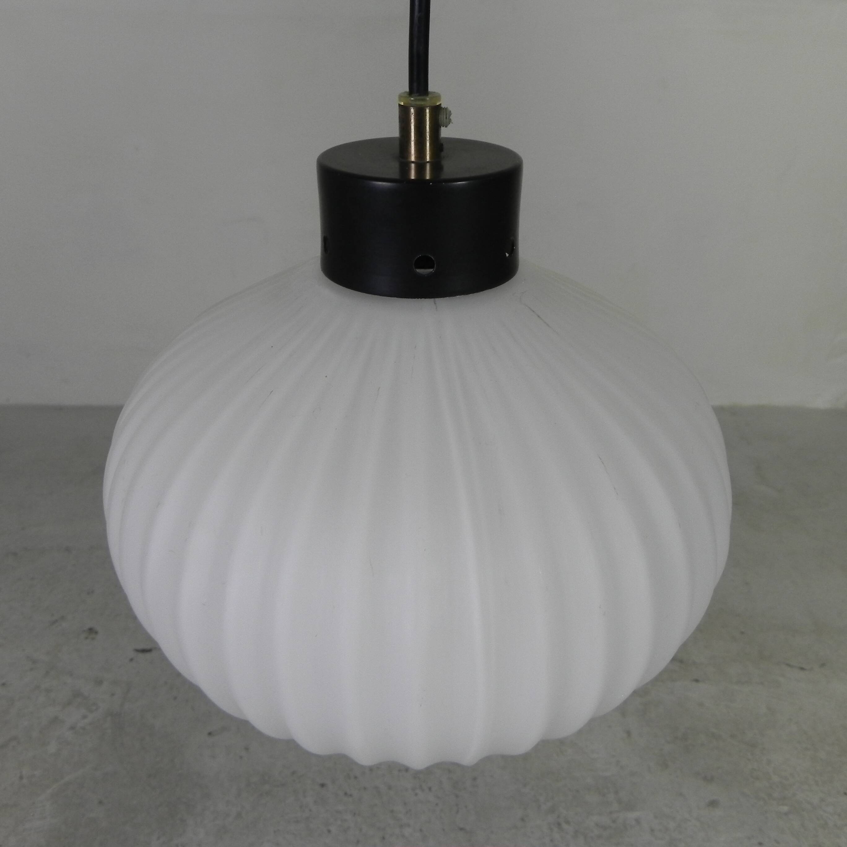 Vintage pendant lamp with white ribbed glass ball, 1960s