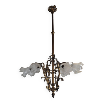 Ancien lustre en bronze 8 lumières,  128cms de h