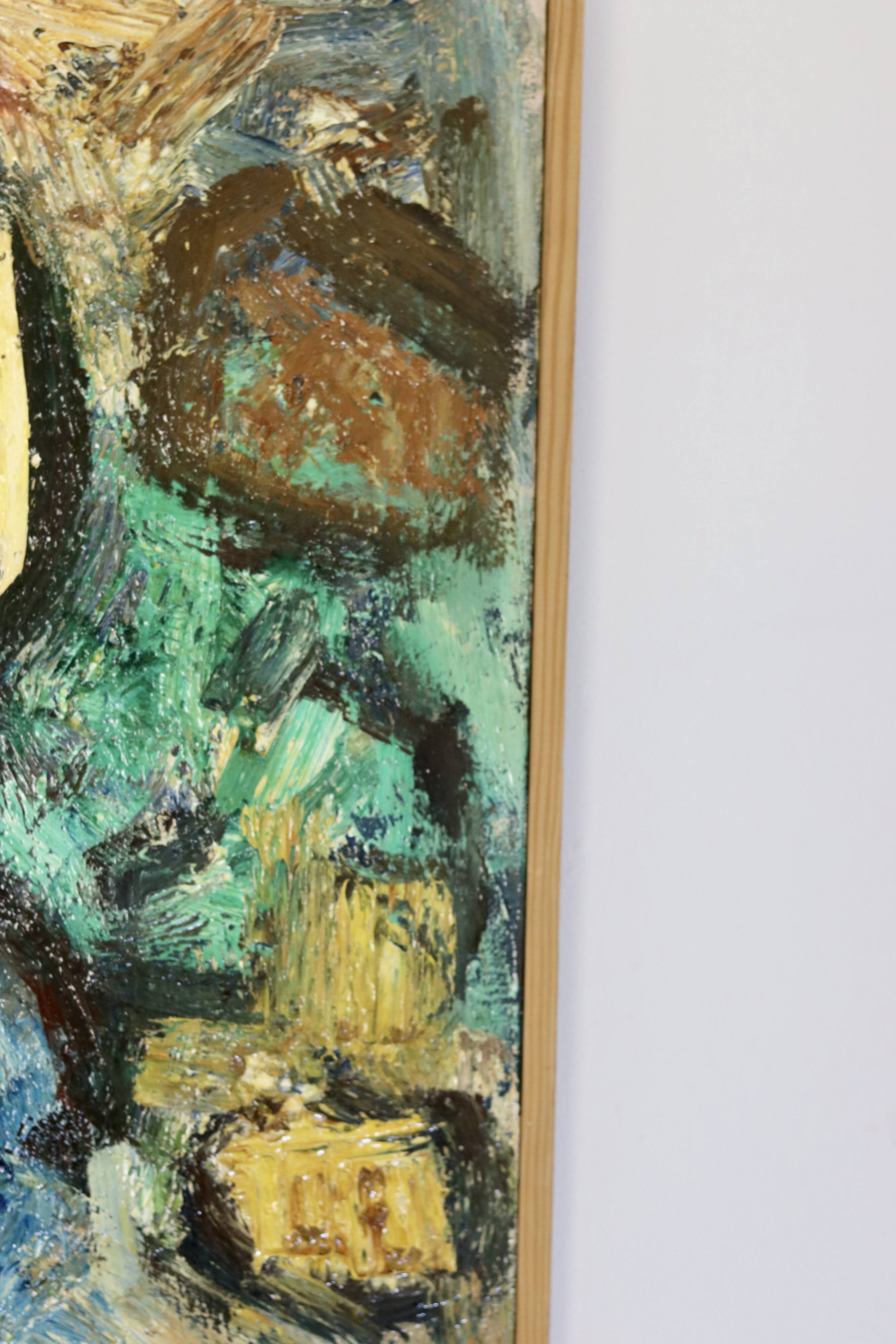 Grande peinture à l'huile moderniste suédoise « Fille » par Gösta Falck vers 1960 - Vintage et encadrée
