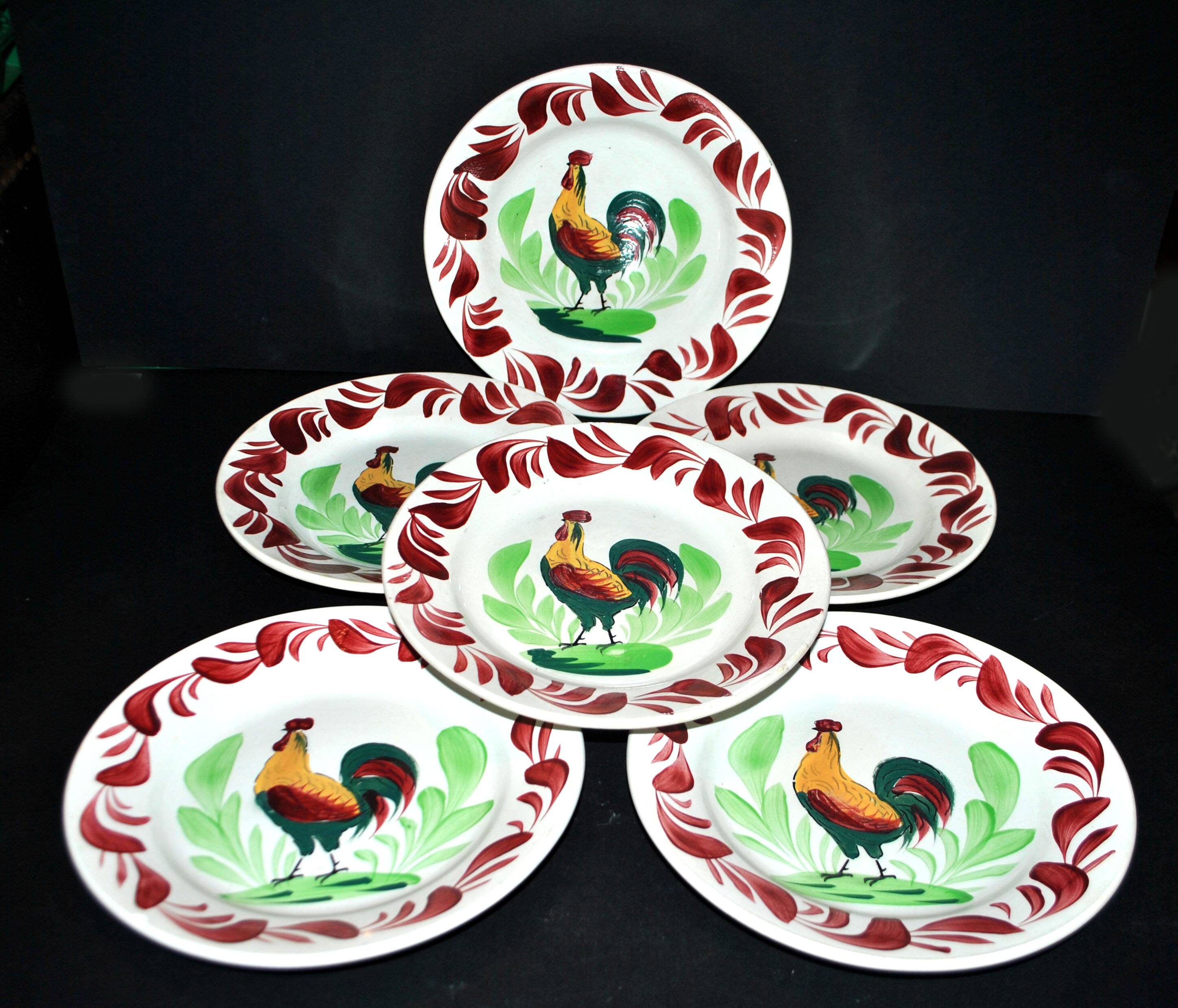 Set of 6 hand-painted Choisy-Le-Roi earthenware COQ plates