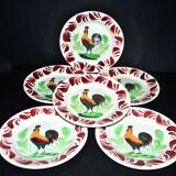 Set of 6 hand-painted Choisy-Le-Roi earthenware COQ plates