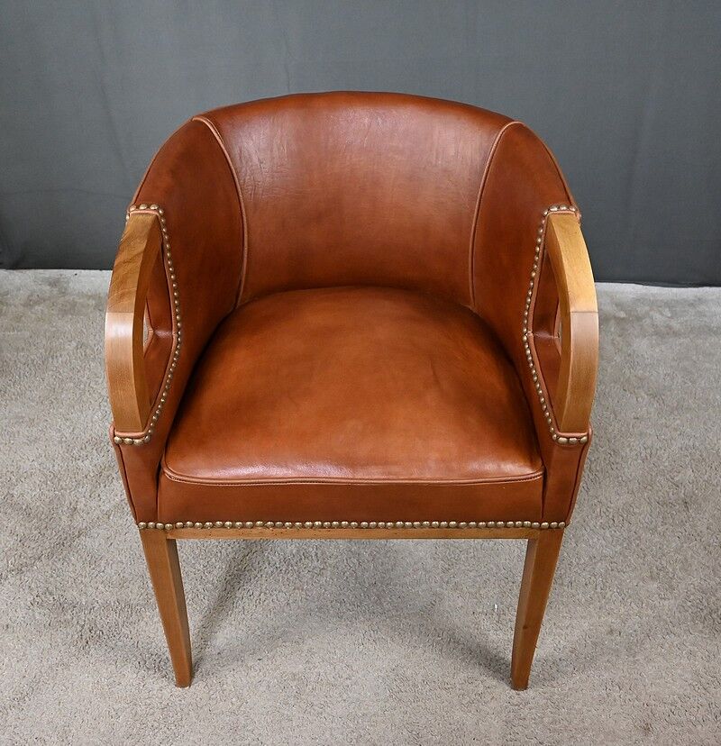 Set of 4 Art Deco armchairs in walnut and leather – 1940