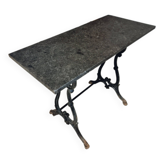 Antique bistro table, cast iron garden table with black marble