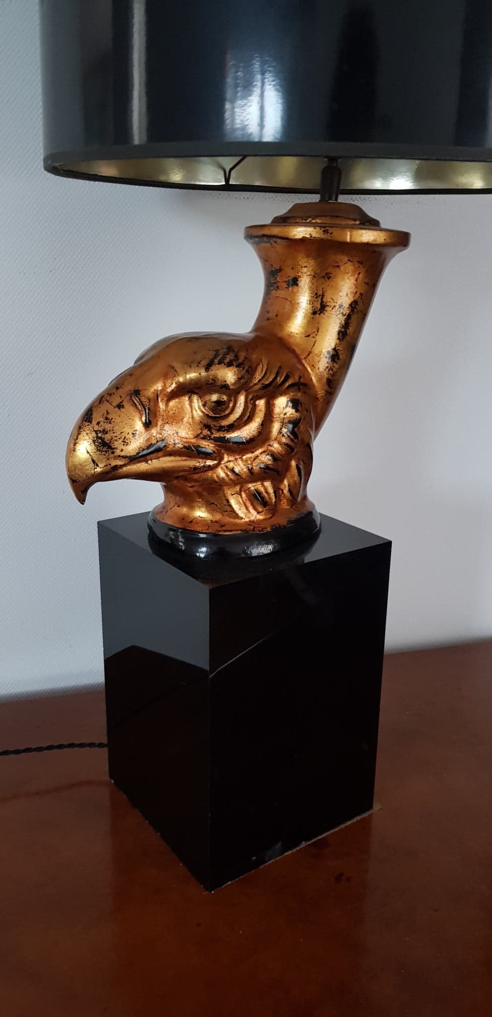 70s desk lamp black and golden eagle head