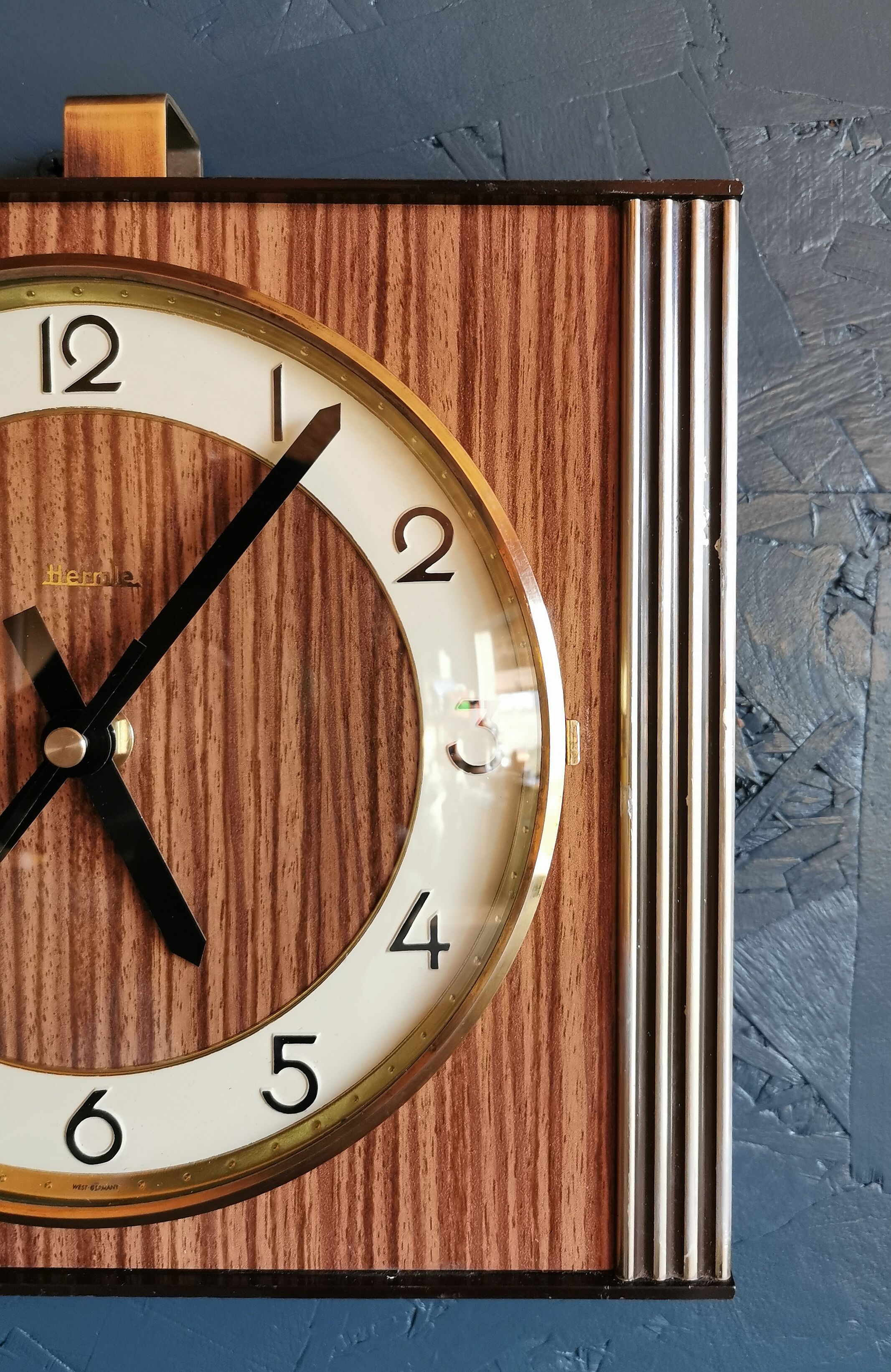 Vintage formica clock rectangular silent wall clock "Hermle gilded wood"