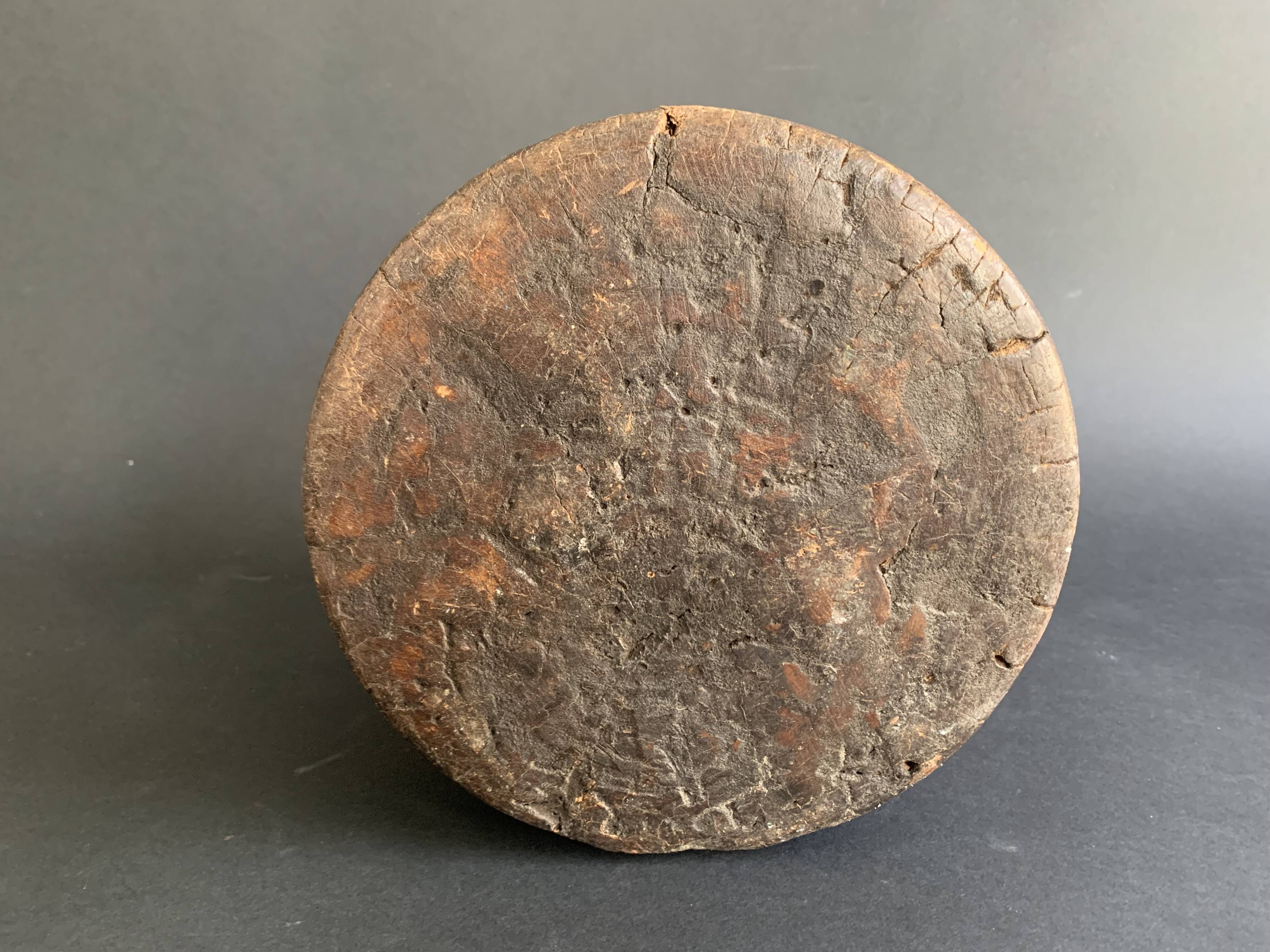 Large measuring pot in wood and old iron, 19th century folk art