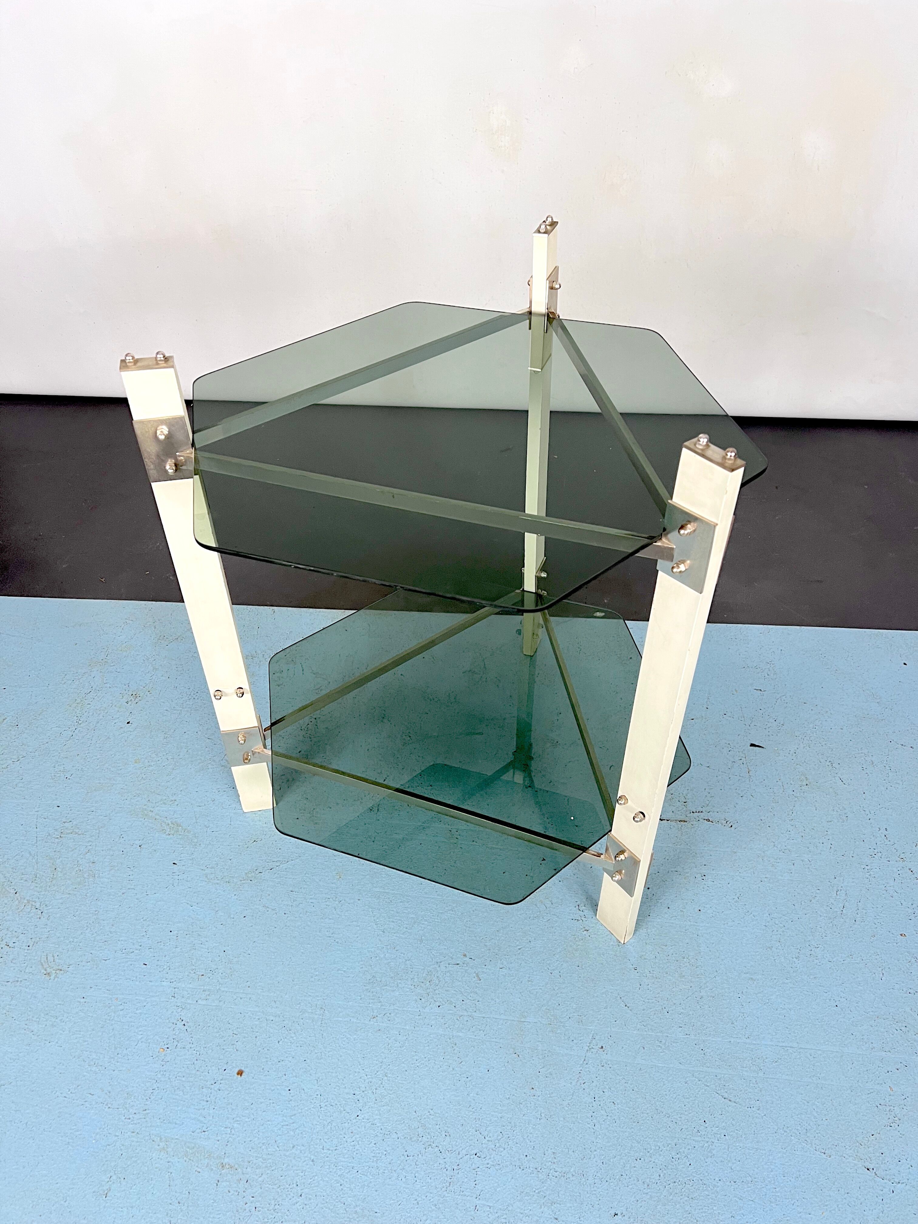 Vintage wood and smoked glass side tablep, Italy 1970s