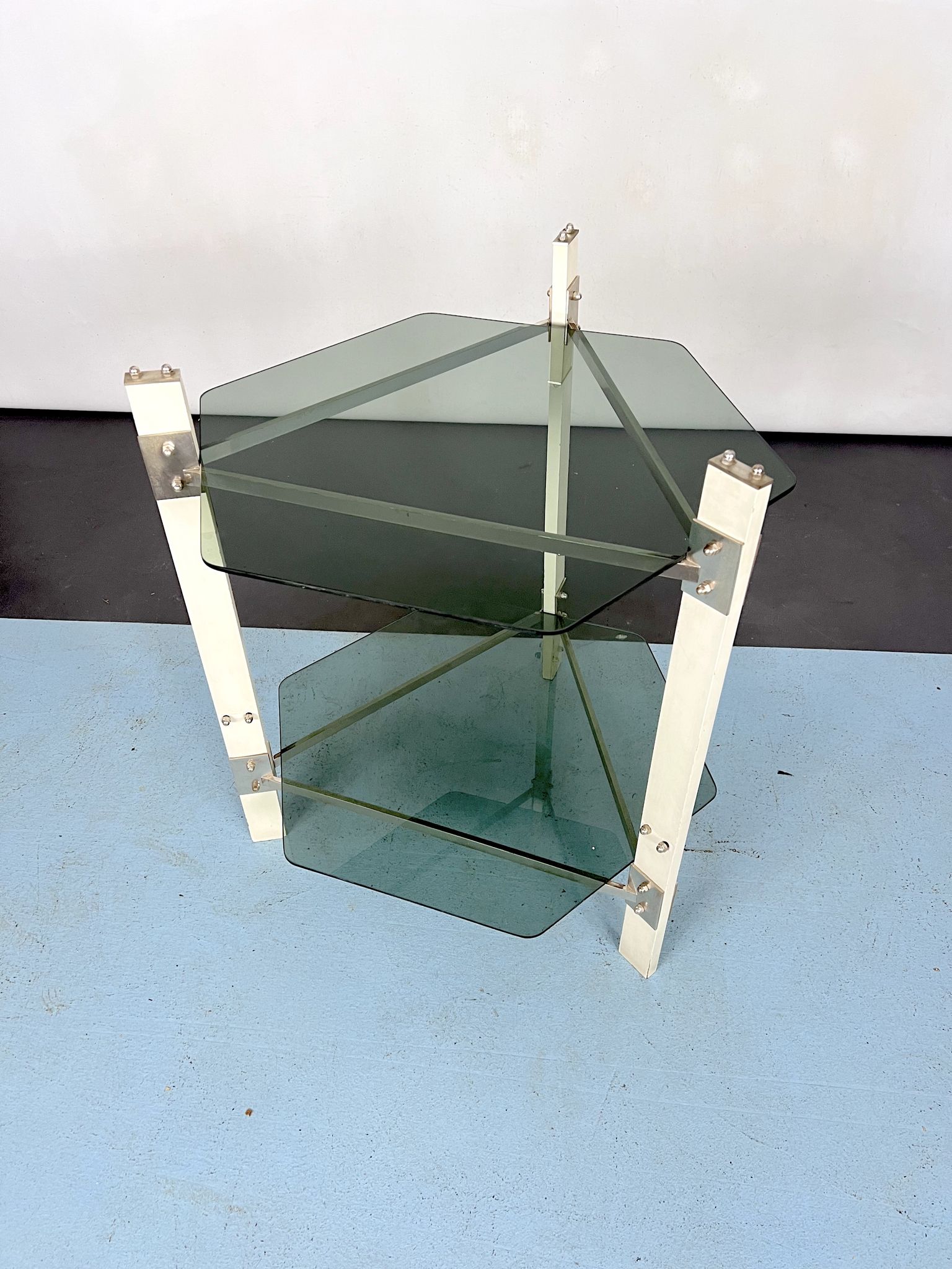 Vintage wood and smoked glass side tablep, Italy 1970s