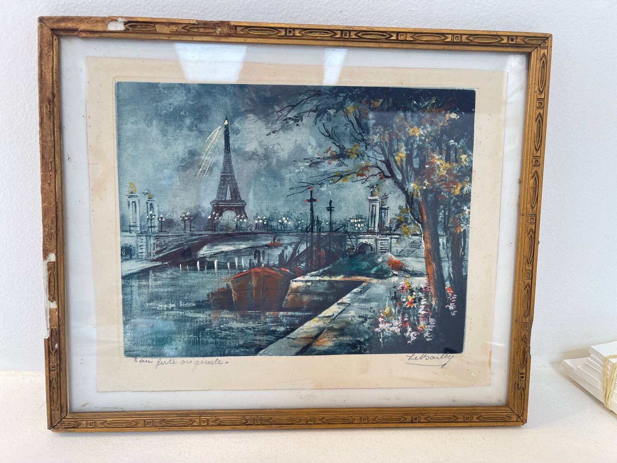 Eau-forte ancienne couleurs – Vue de Paris et Tour Eiffel