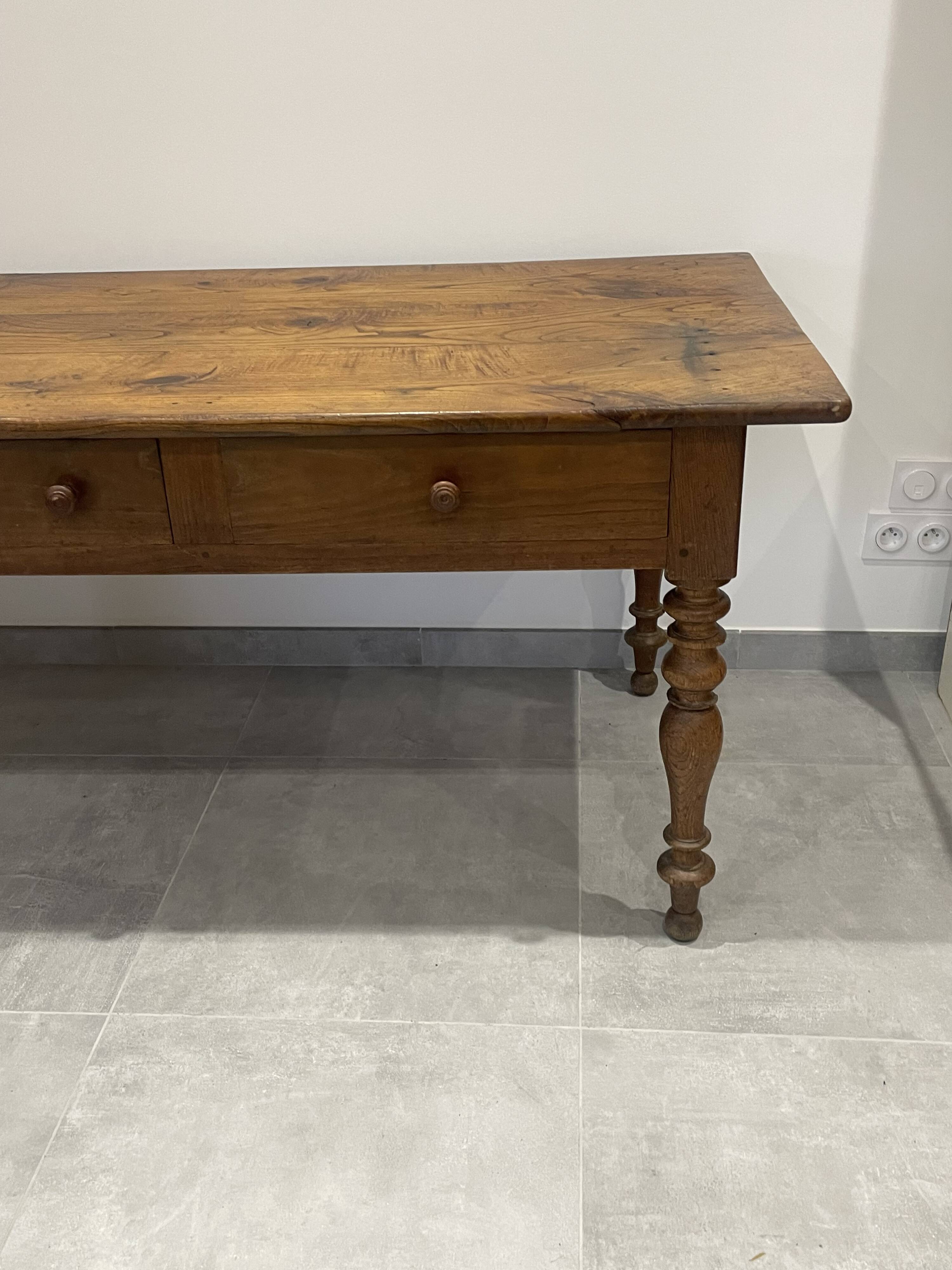 Antique natural wood farm table with 3 drawers