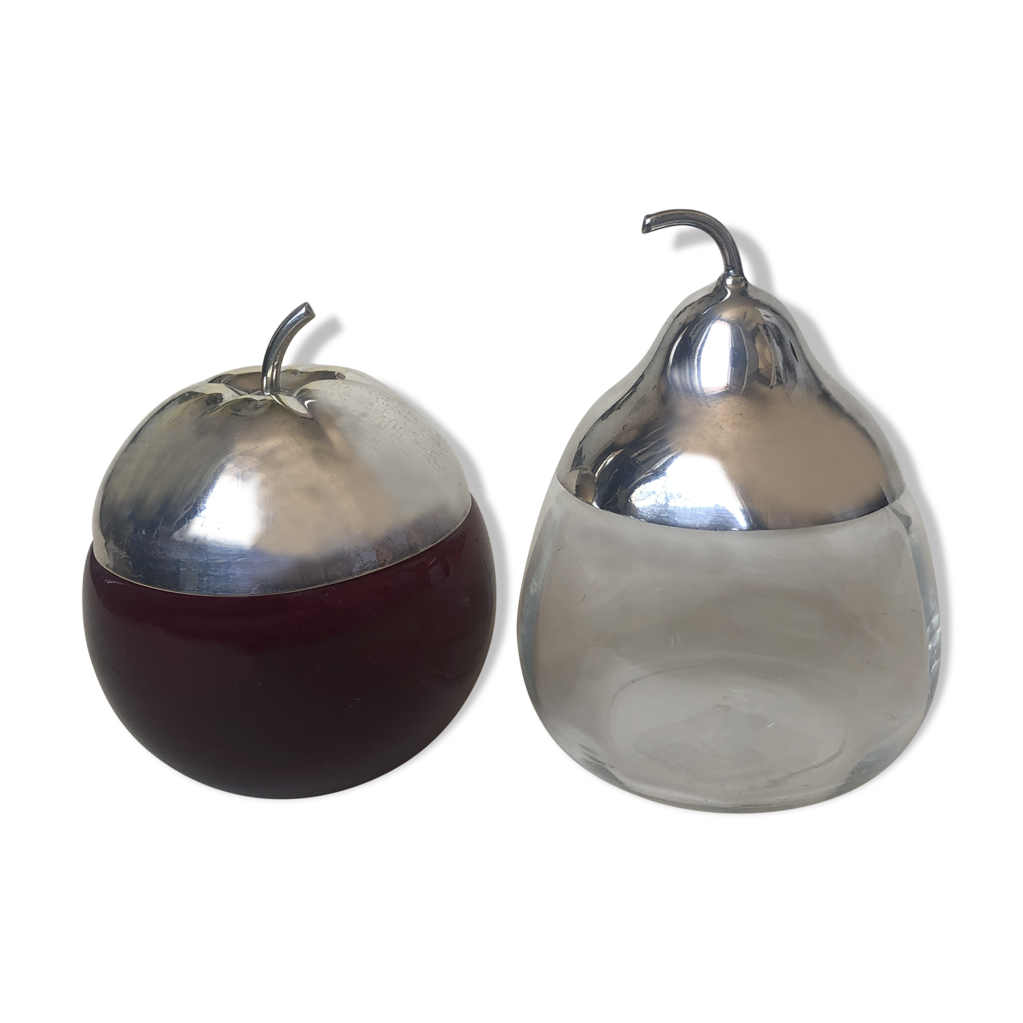 Set of candy apple and pear, metal and glass