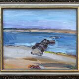 Vintage Swedish Modernists Oil Painting Blue Seascape by G.B. Mid 20th century