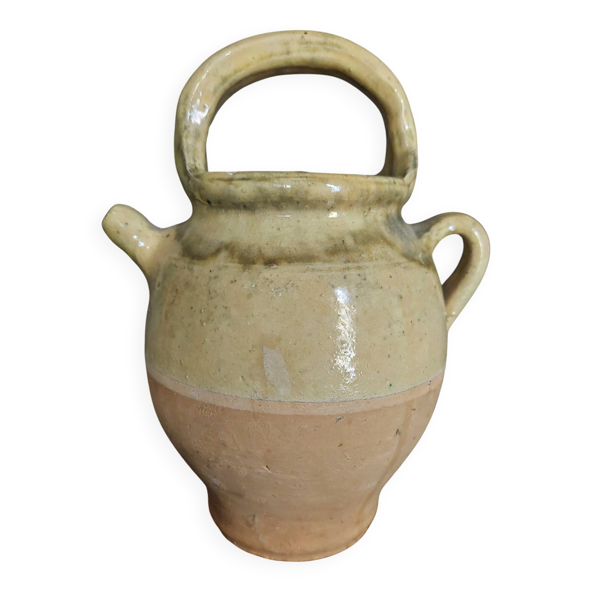 Cruche chevrette terre cuite vernissée à couverte jaune début XXème