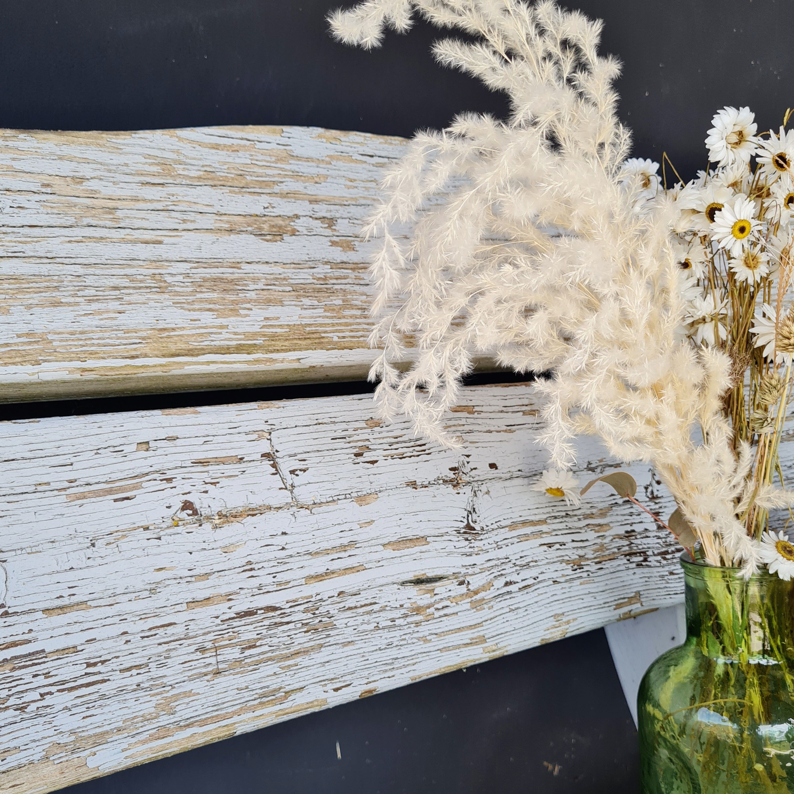 Exterior bench in patinated white solid wood