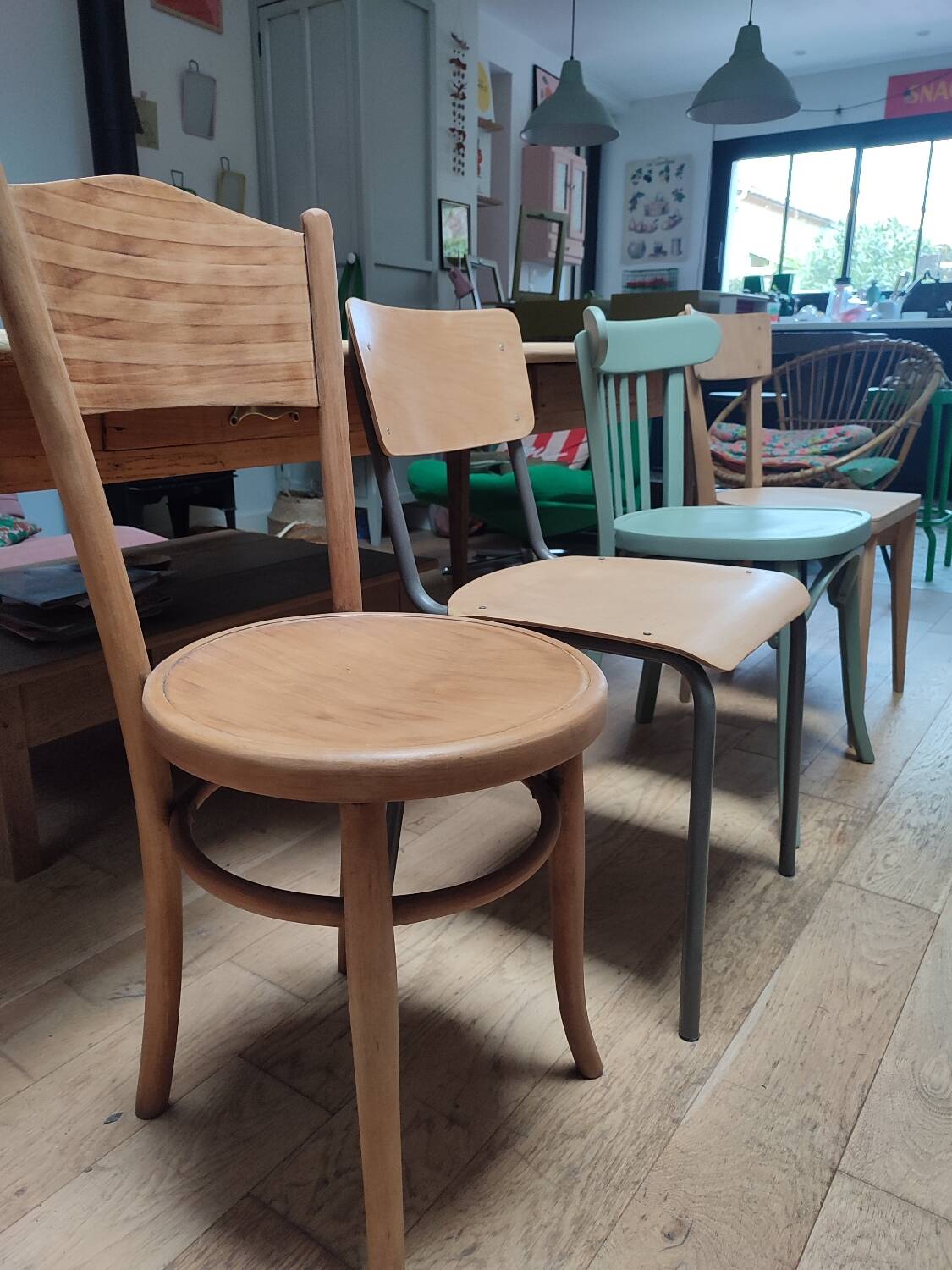 Set of bistro and school chairs