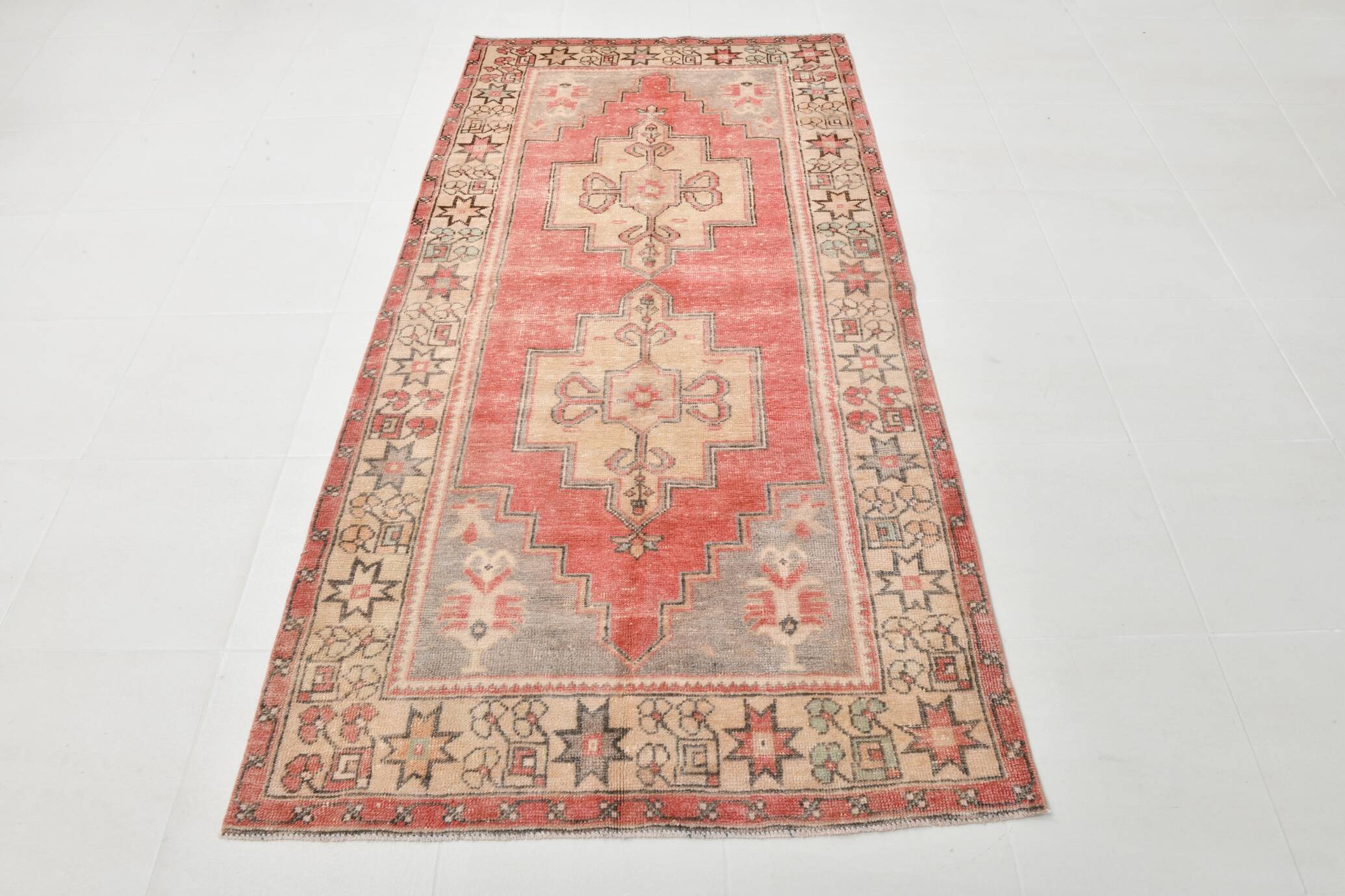 4x8 Red Cream Handmade Oriental Vintage Rug, 117x230Cm