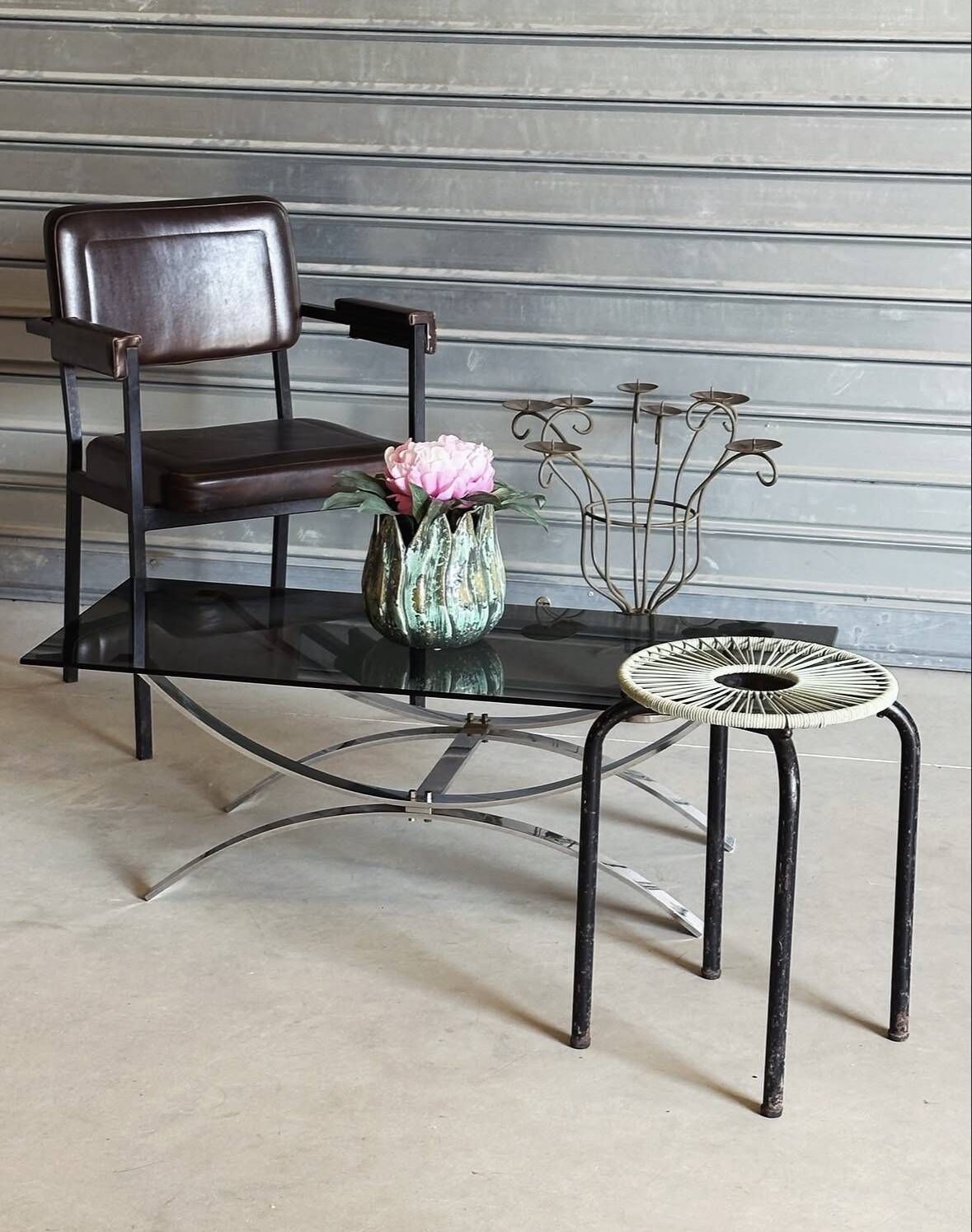 Vintage coffee table — smoked glass & chrome