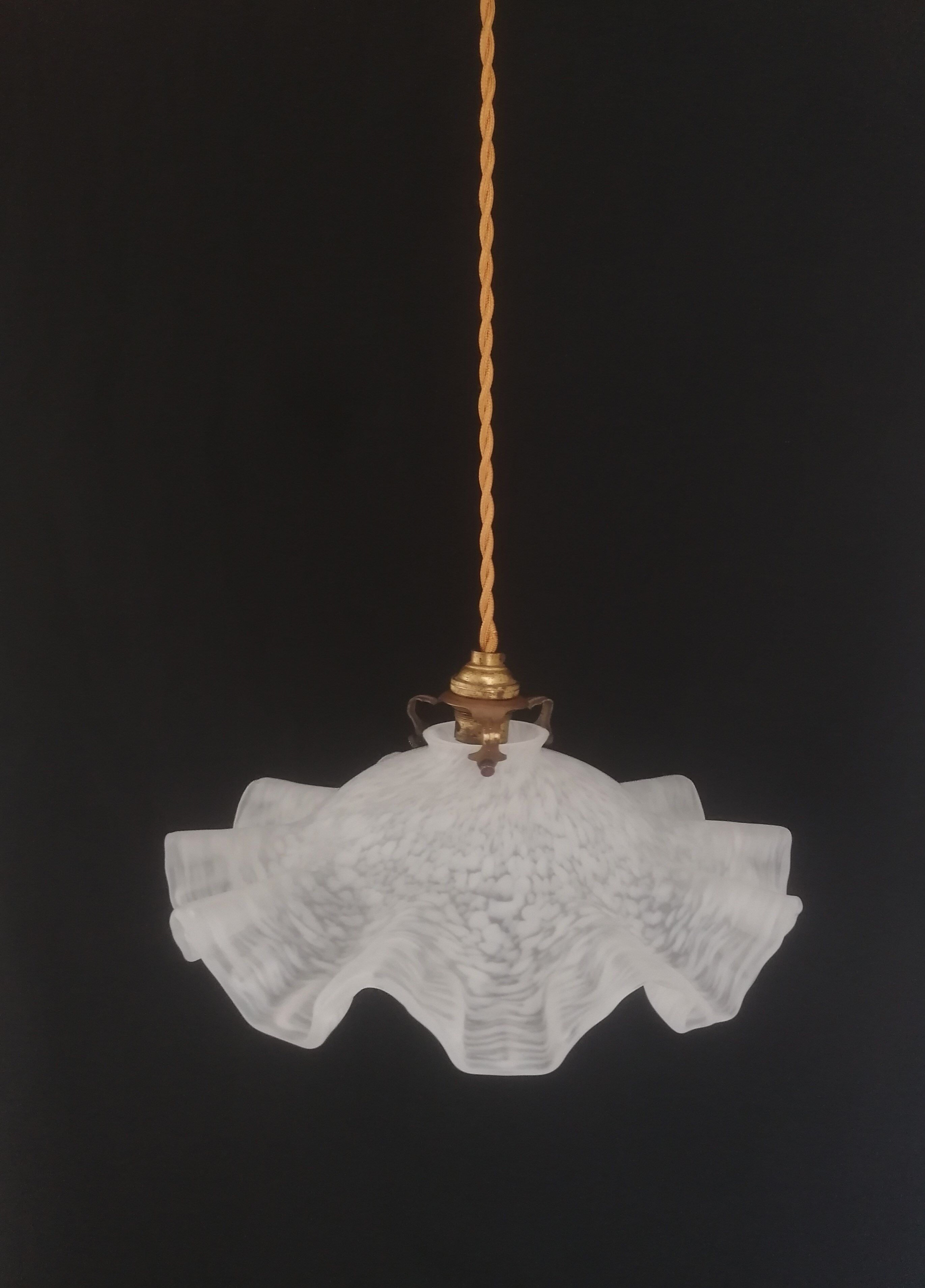 Old corrugated Clichy glass suspension - white speckled - 40s