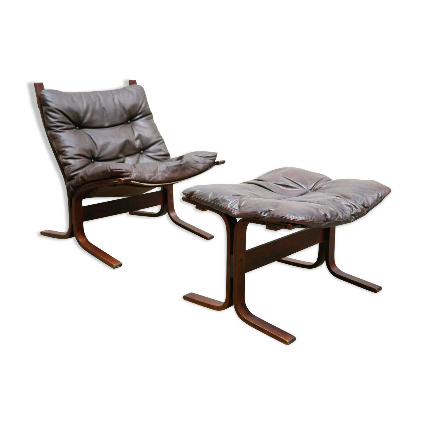 Scandinavian armchair and ottoman Siesta in brown leather by Ingmar Relling for Westnofa editions