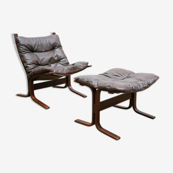 Scandinavian armchair and ottoman Siesta in brown leather by Ingmar Relling for Westnofa editions