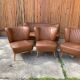 Set vintage années 1950 marron en hêtre et vinyle — 3 chaises cocktail + petit canapé