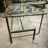 Double-tier coffee table in steel and bronze as well as glass