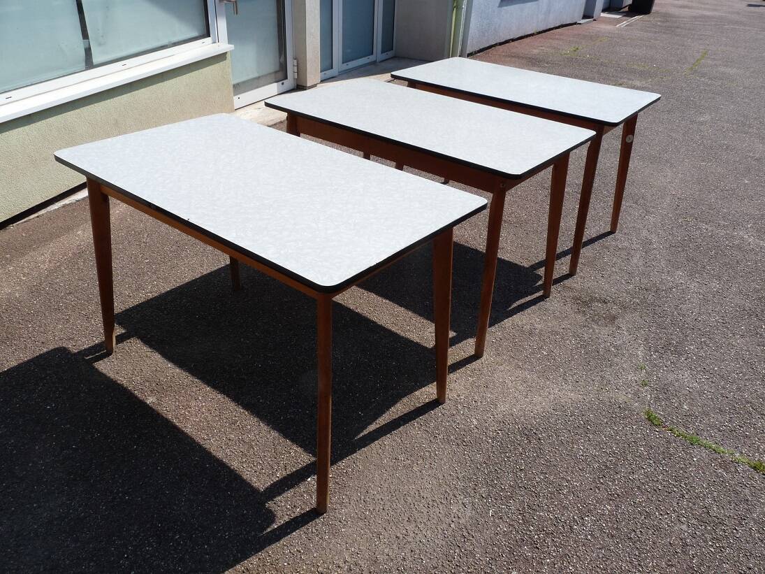 set of 3 vintage white Formica and wood tables