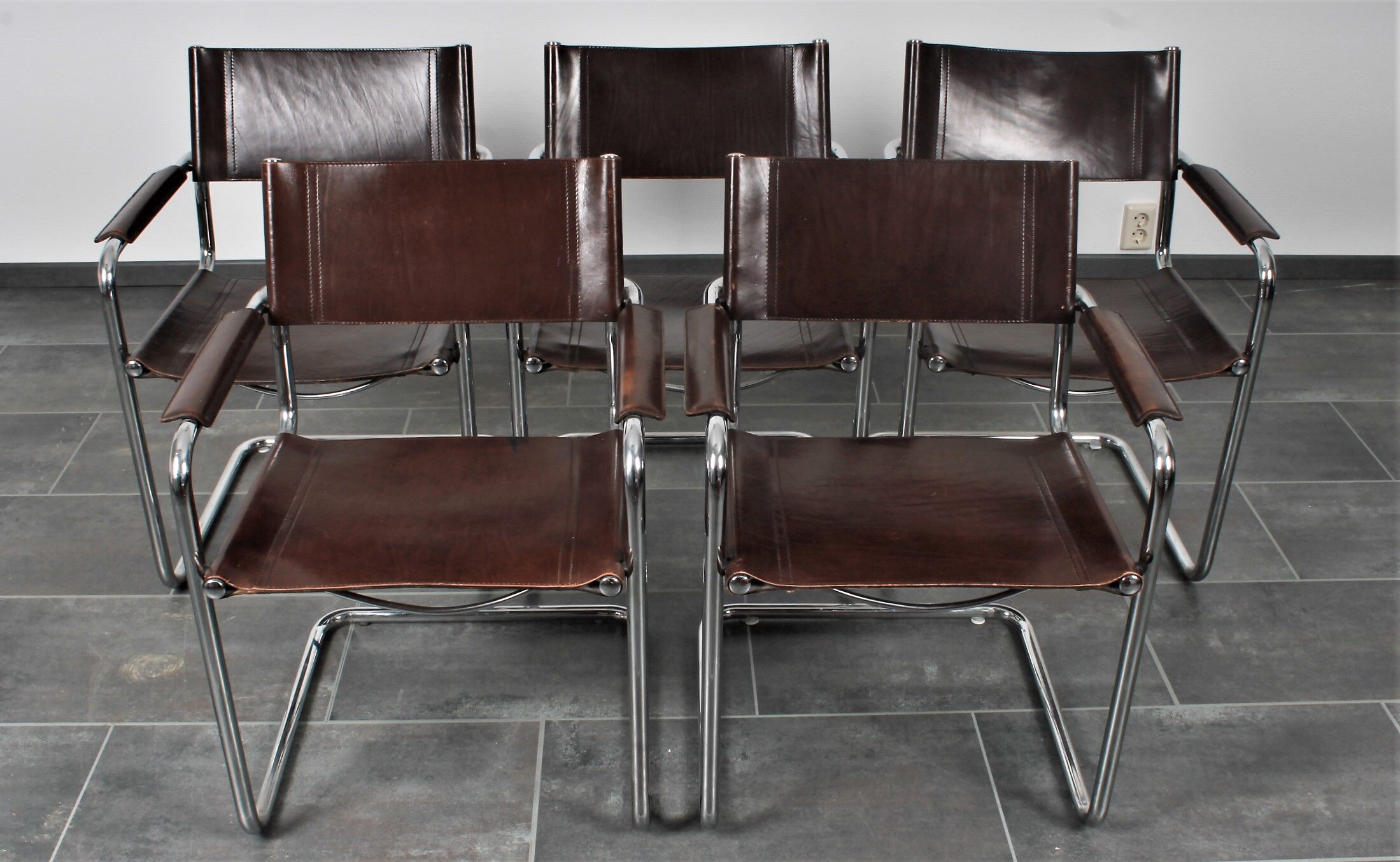 Set of 5 Cantilever MG5 chairs by Matteo Grassi in brown leather